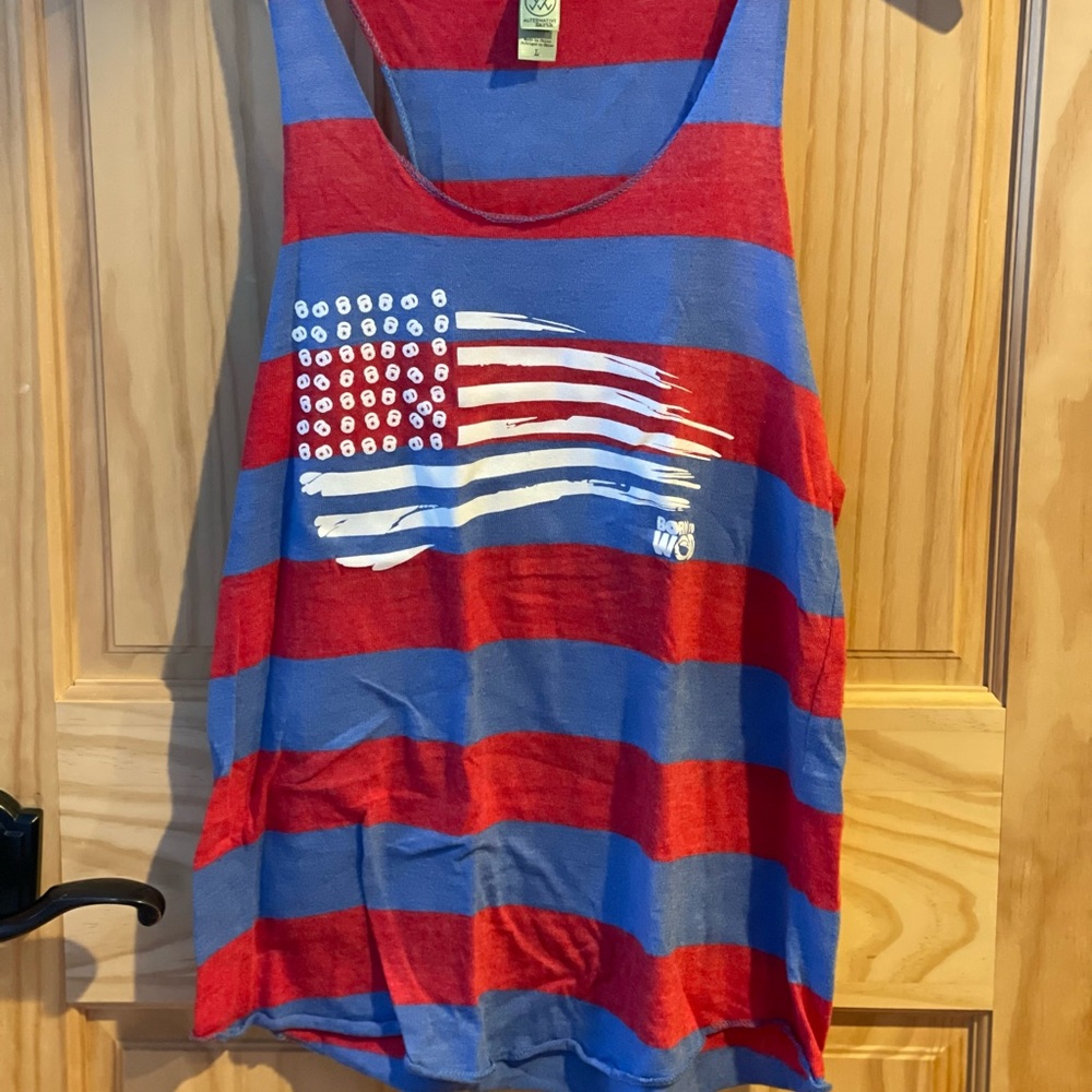 Red and Blue Striped Tank Top with Kettle Bell Flag Design